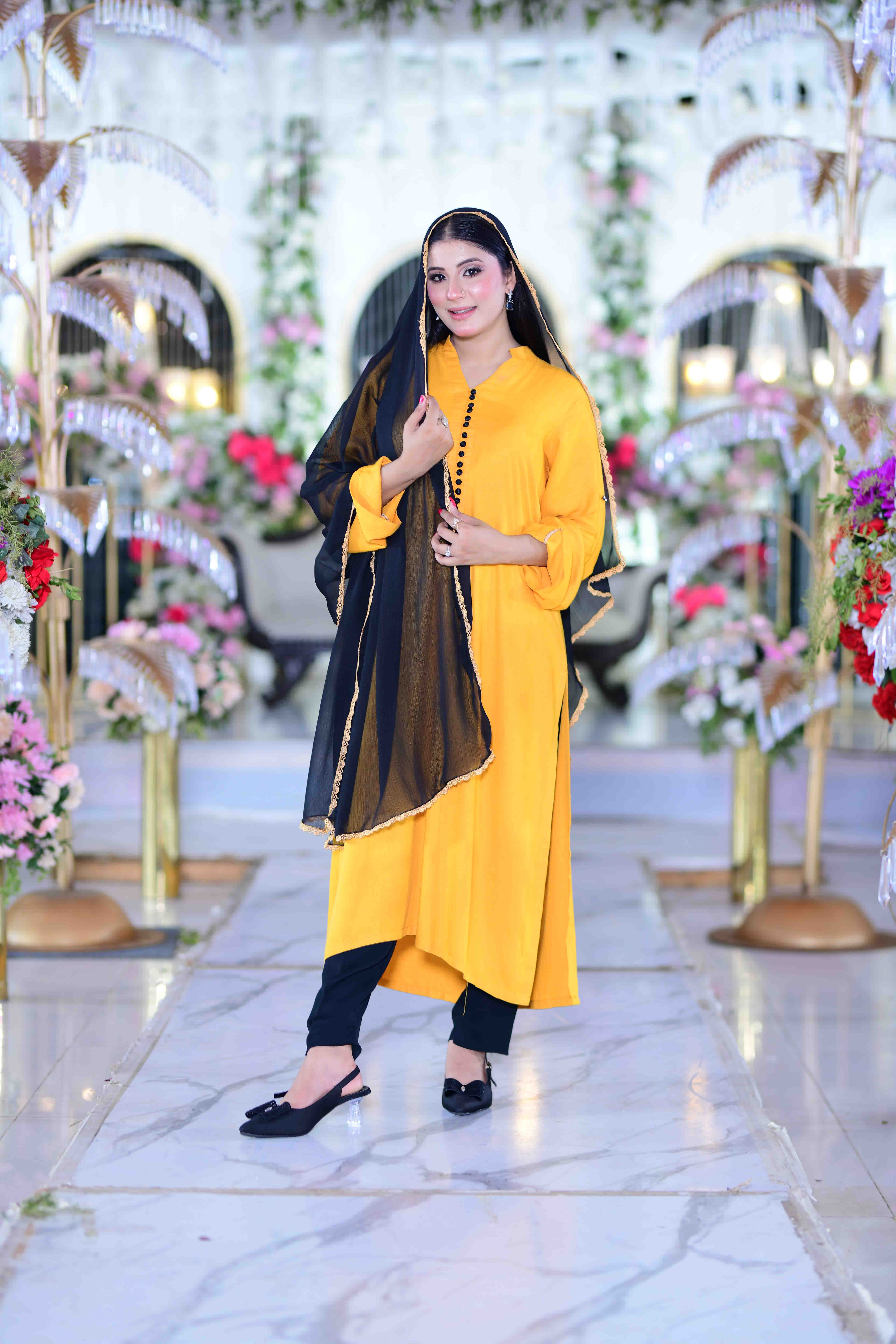 Sunshine Elegance – Premium Marina Chaar Suti Long Gown with Organza Dupatta - Image 5