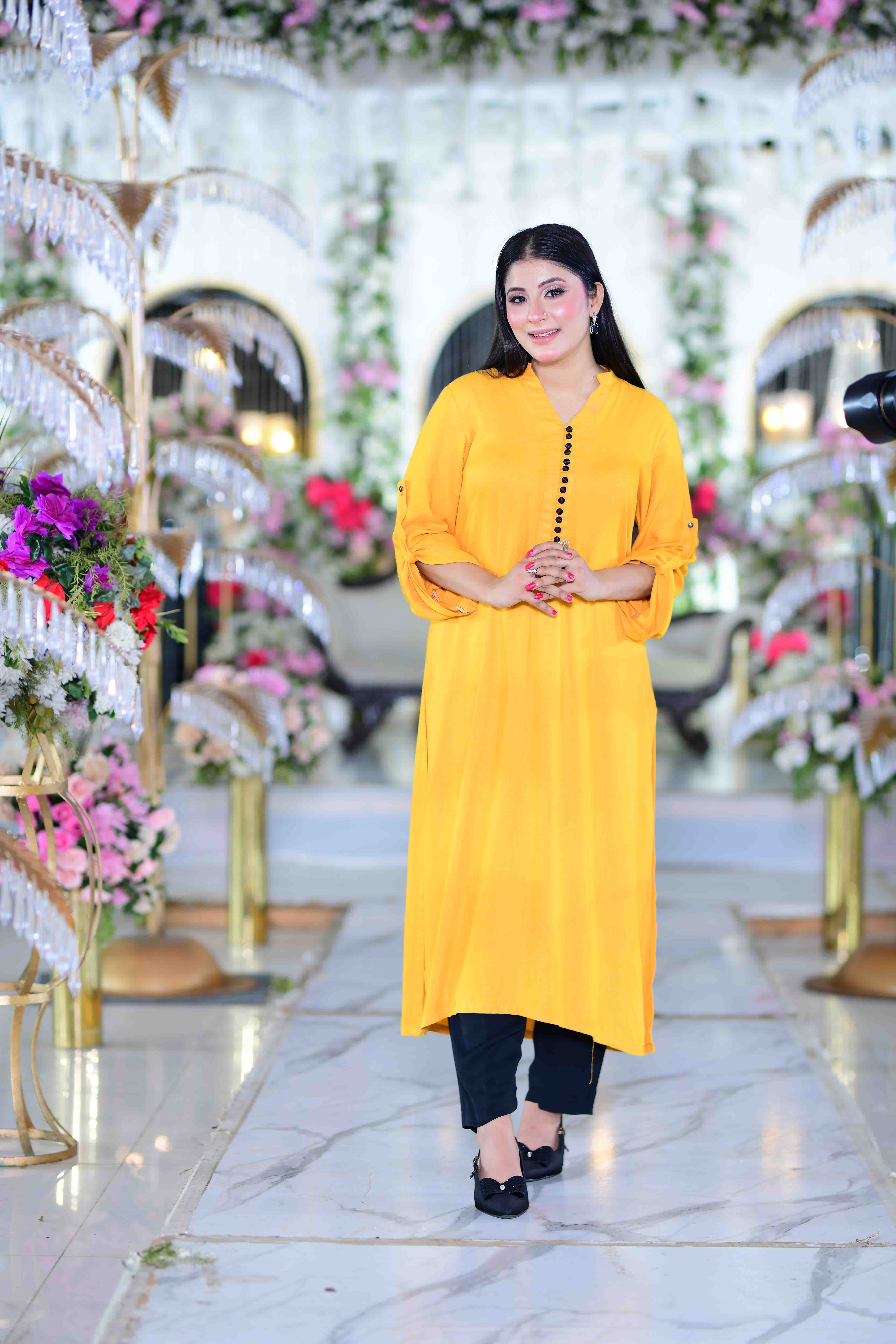 Sunshine Elegance – Premium Marina Chaar Suti Long Gown with Organza Dupatta - Image 4