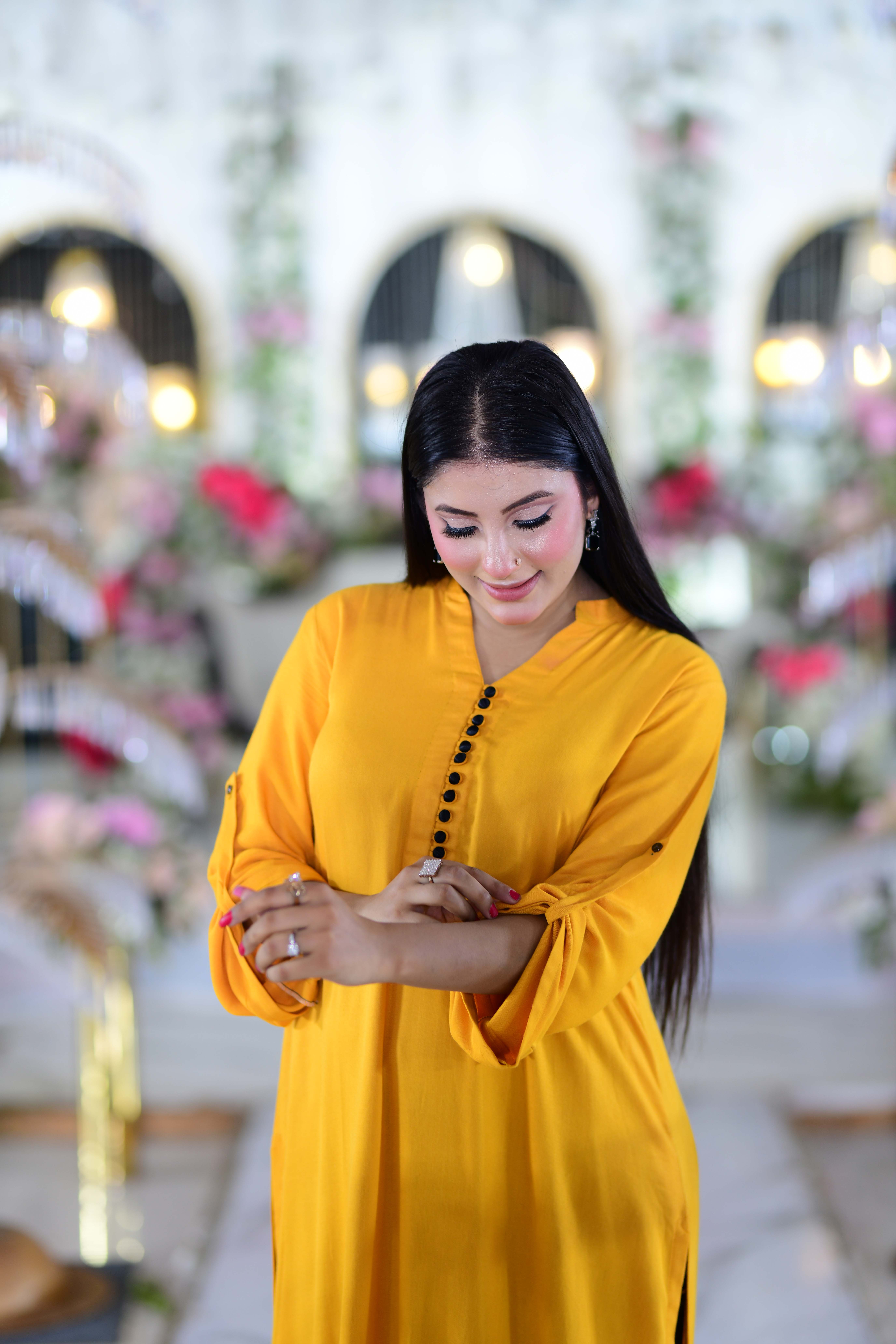 Sunshine Elegance – Premium Marina Chaar Suti Long Gown with Organza Dupatta - Image 3