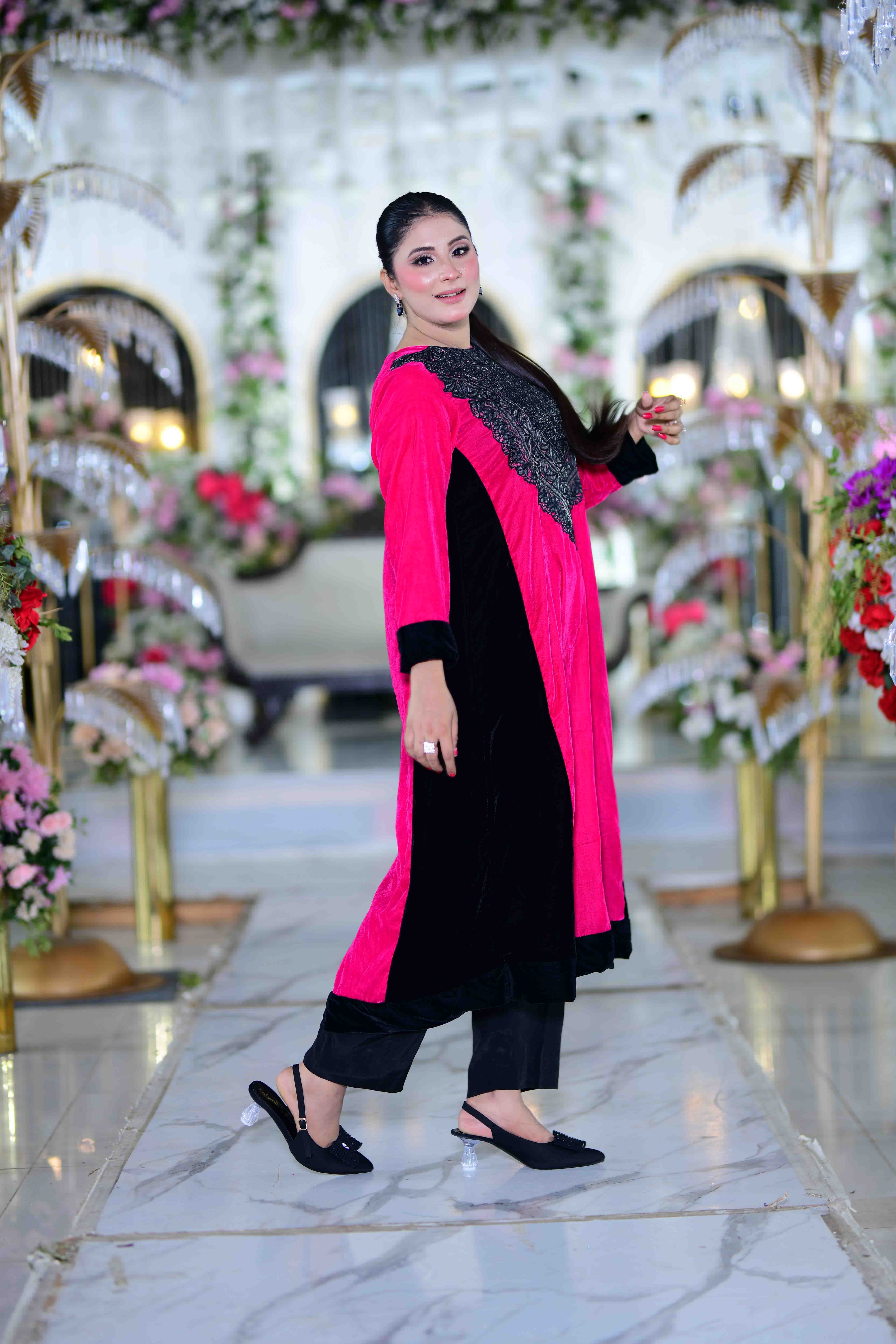 Velvet Radiance- Imported Velvet Long Shirt with Satin Embellishments - Image 3