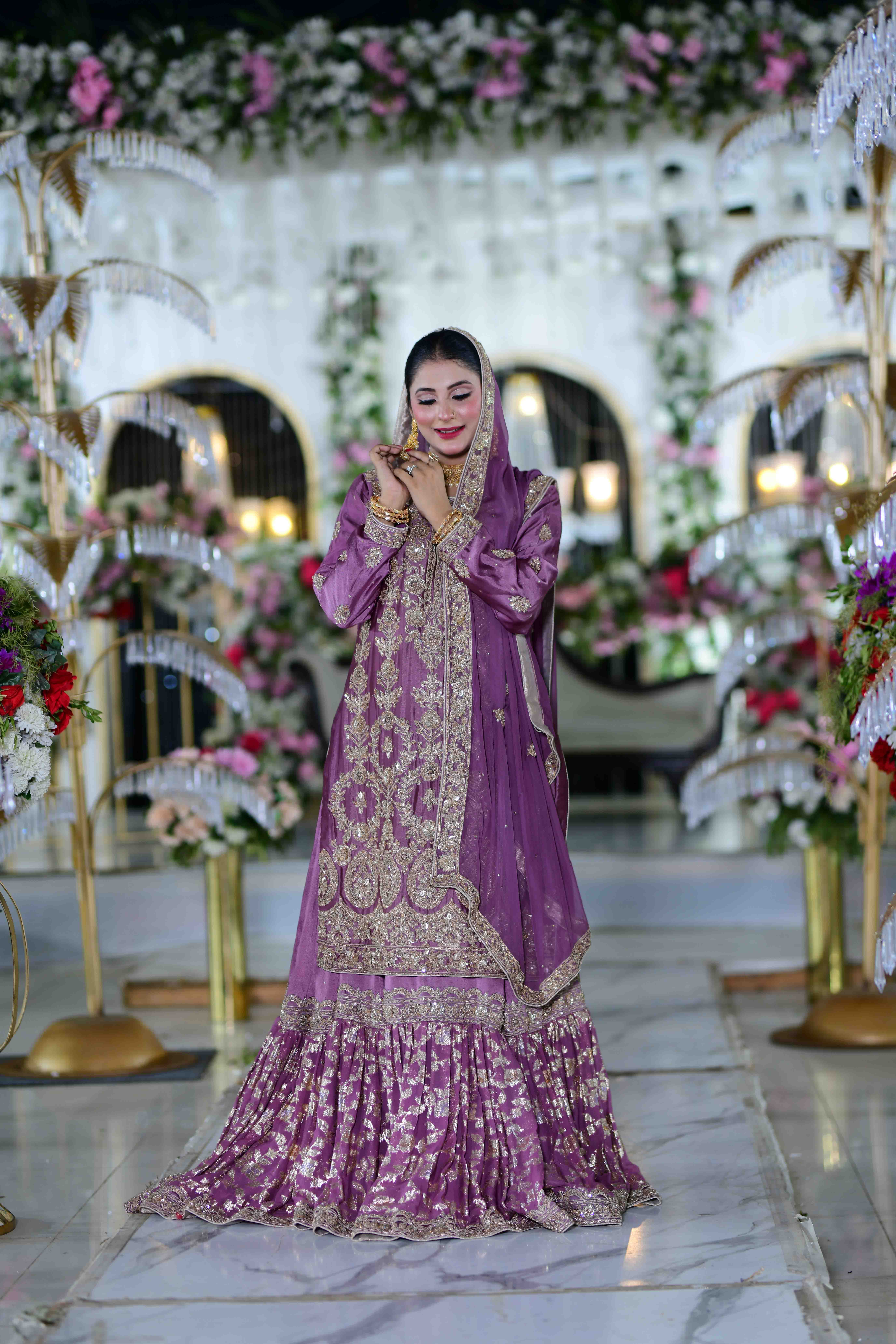 Festive Grandeur – Lavish Tissue and Organza Jamawar Sharara Outfit - Image 4